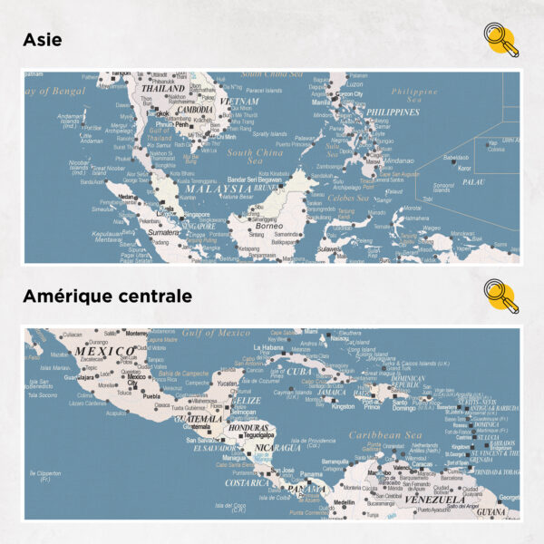 Carte du monde à épingles Bleu clair Détaillé asie et amérique centrale