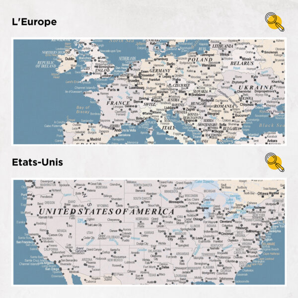 Carte du monde à épingles Bleu clair Détaillé europe et états-unis
