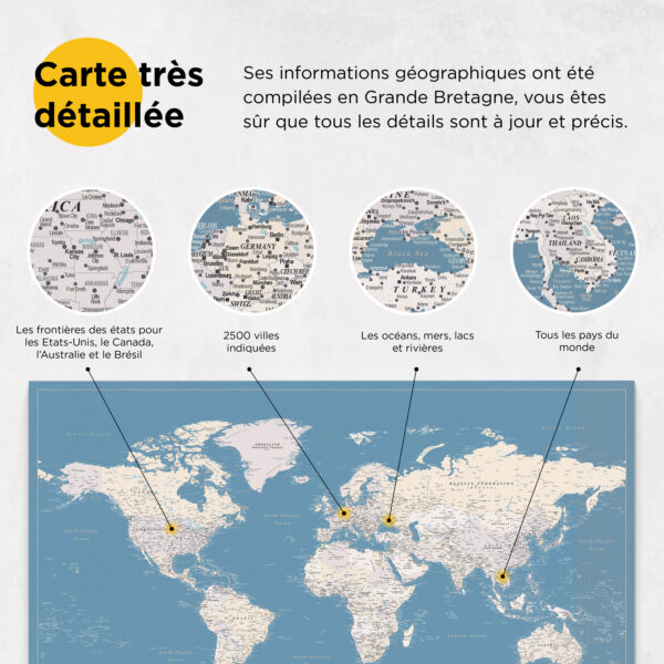 Carte du monde à épingles Bleu clair Détaillé information