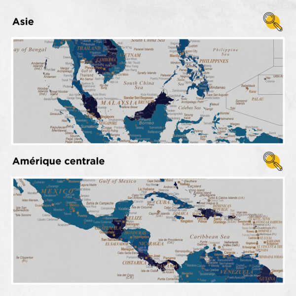 Carte du monde à épingles Bleu marin Détaillé asie et amérique centrale
