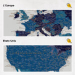 Carte du monde à épingles Bleu marin Détaillé europe et états-unis