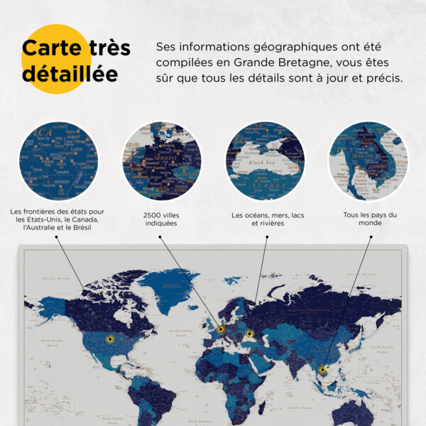 Carte du monde à épingles Bleu marin Détaillé information