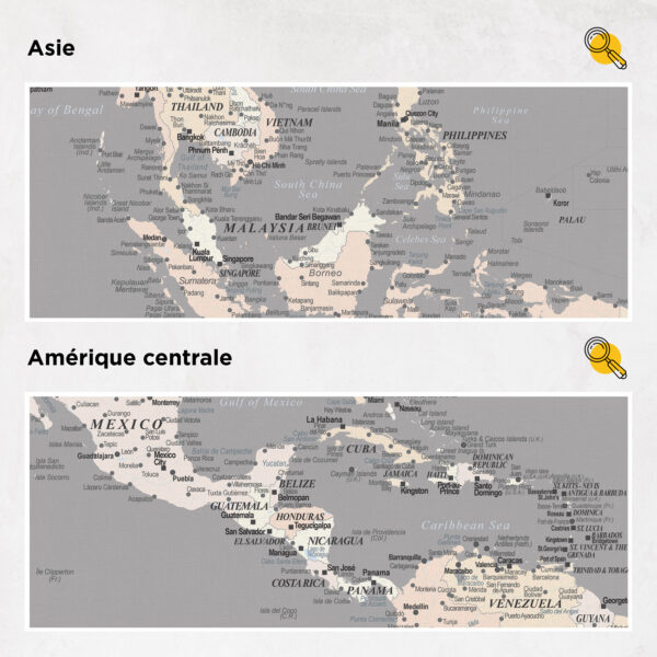 Carte du monde à épingles Gris Crème Détaillé