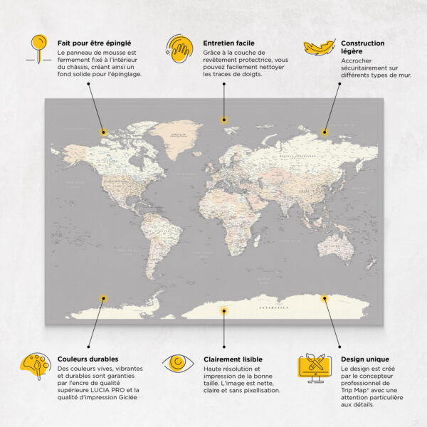 Carte du monde à épingles Gris Crème Détaillé caractéristiques