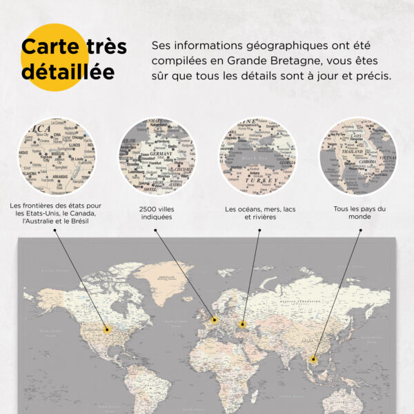 Carte du monde à épingles Gris Crème Détaillé détaillé