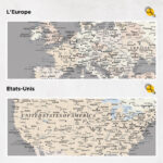 Carte du monde à épingles Gris Crème Détaillé europe et états-unis