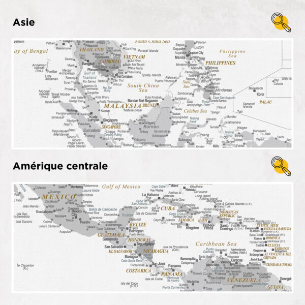 Carte du monde à épingles Gris Détaillé asie et amérique centrale