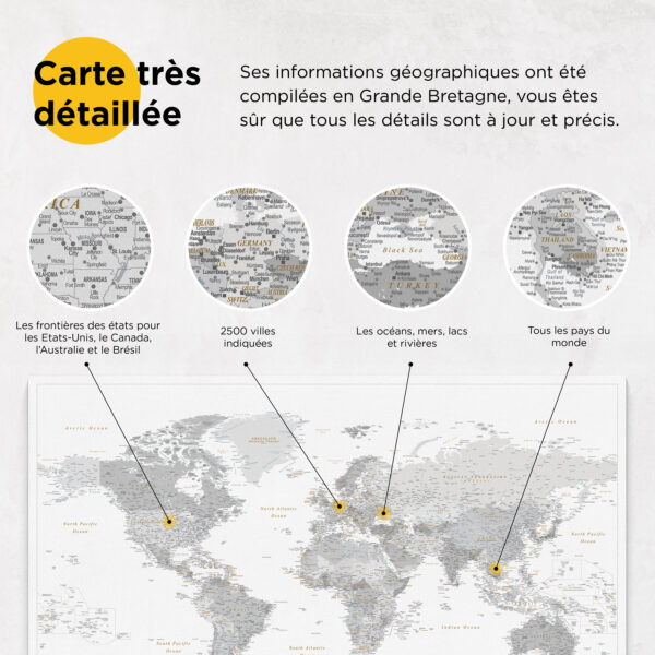 Carte du monde à épingles Gris Détaillé information