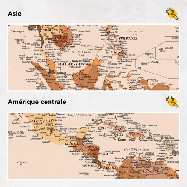 Carte du monde à épingles Marron Détaillé asie et amérique centrale