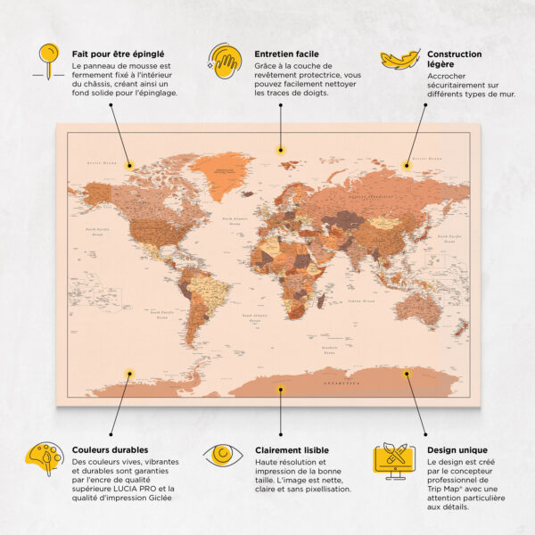 Carte du monde à épingles Marron Détaillé caractéristiques