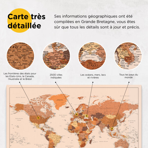 Carte du monde à épingles Marron Détaillé détaillé
