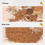 Carte du monde à épingles Marron Détaillé europe et états-unis