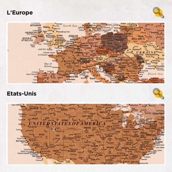 Carte du monde à épingles Marron Détaillé europe et états-unis