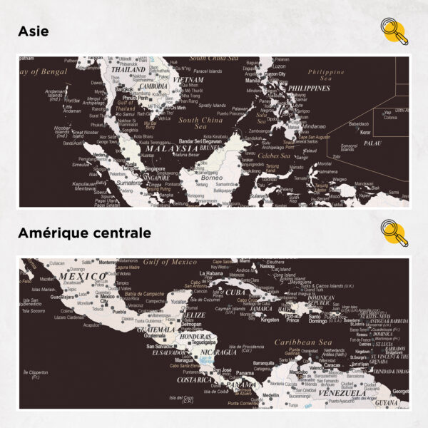 Carte du monde à épingles Marron foncé Détaillé asie et amérique centrale