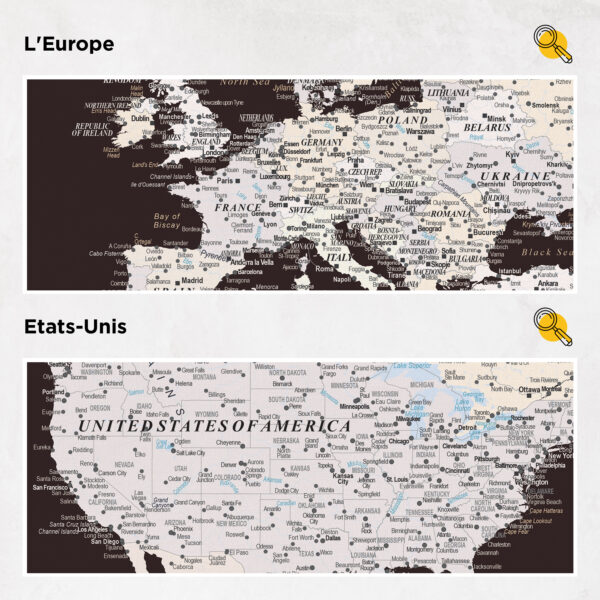 Carte du monde à épingles Marron foncé Détaillé europe et états-unis