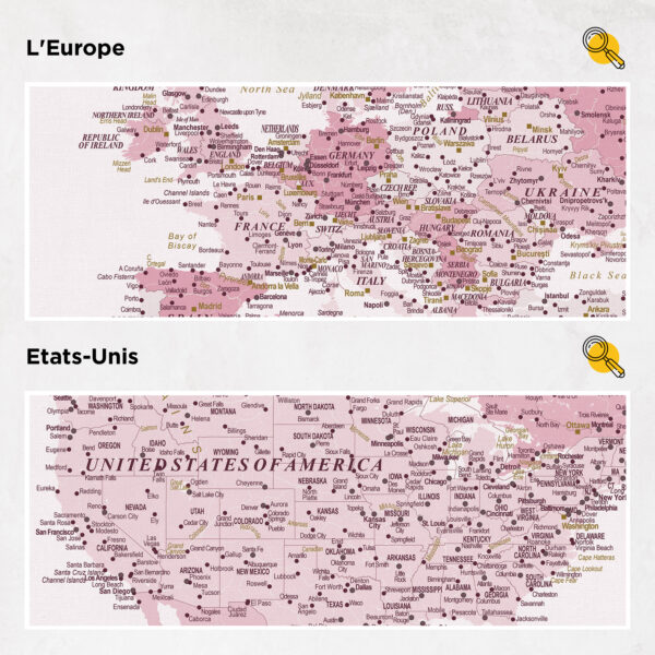Carte du monde à épingles Rose Détaillé europe et états-unis