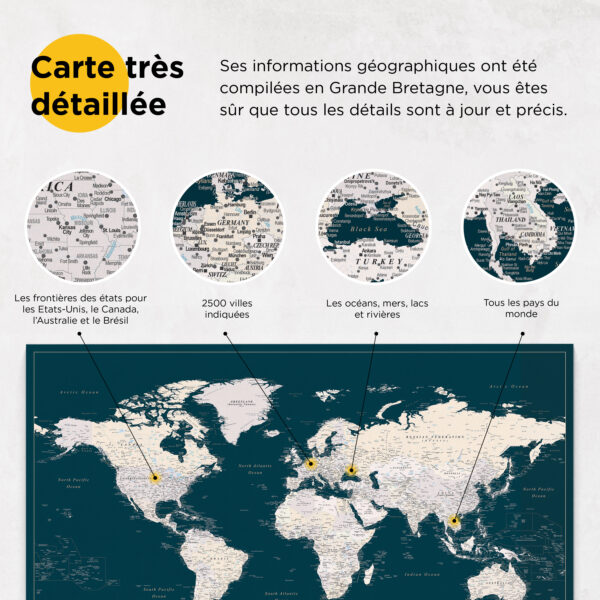 Carte du monde à épingles Vert foncé Détaillé information