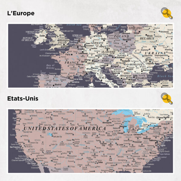 Carte du monde à épingles Violet Détaillé europe et états-unis
