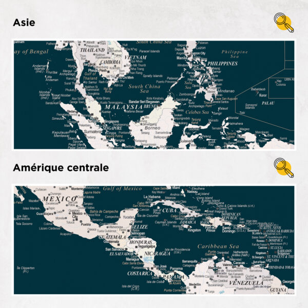 Carte du monde à épingles Vert foncé Détaillé asie et amérique centrale