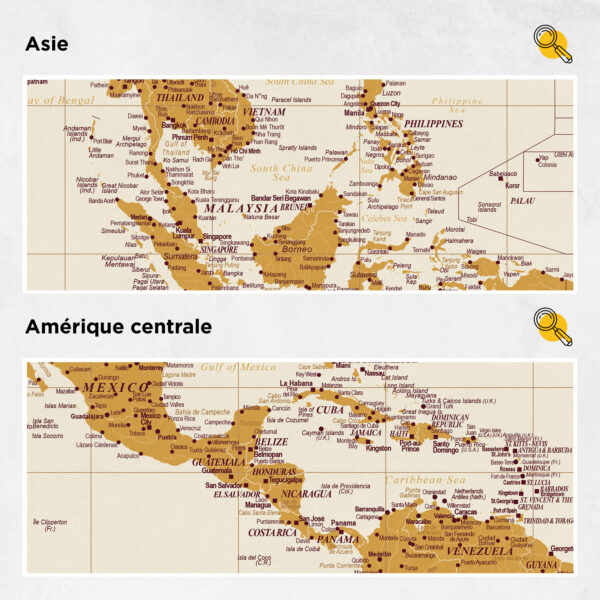 Carte du monde à épingles Jaune Détaillé asie et amérique centrale
