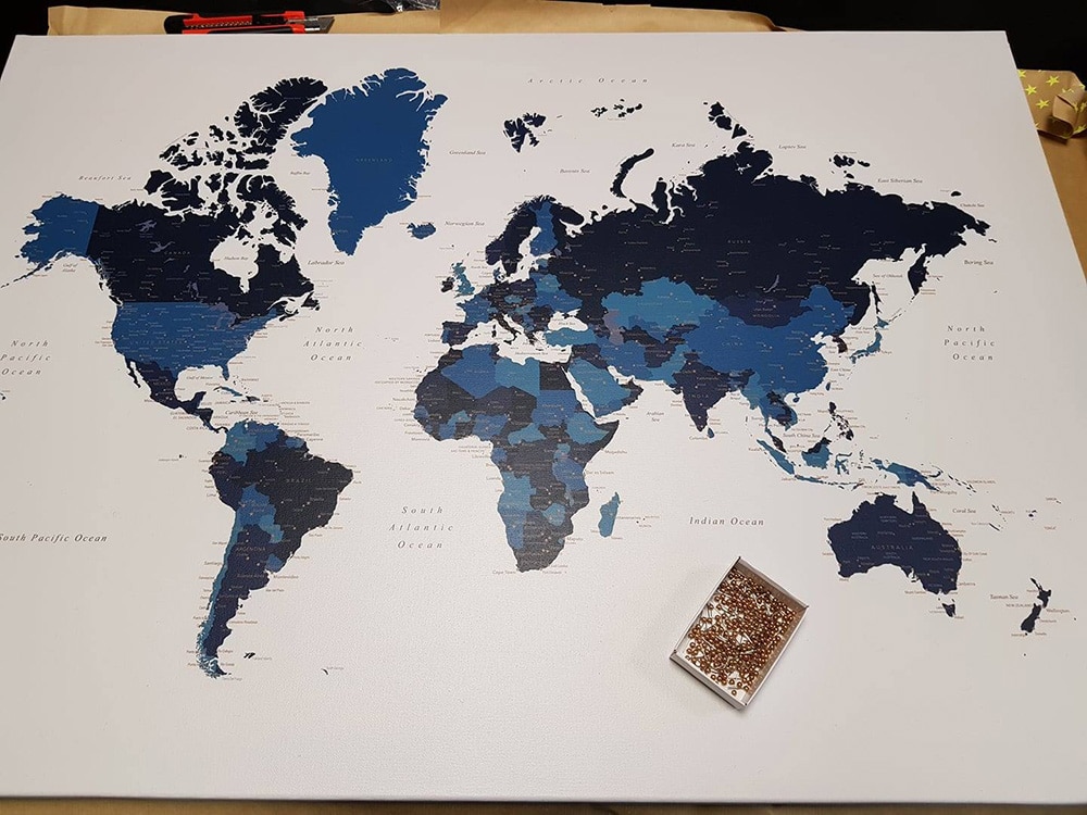 navy blue world map canvas