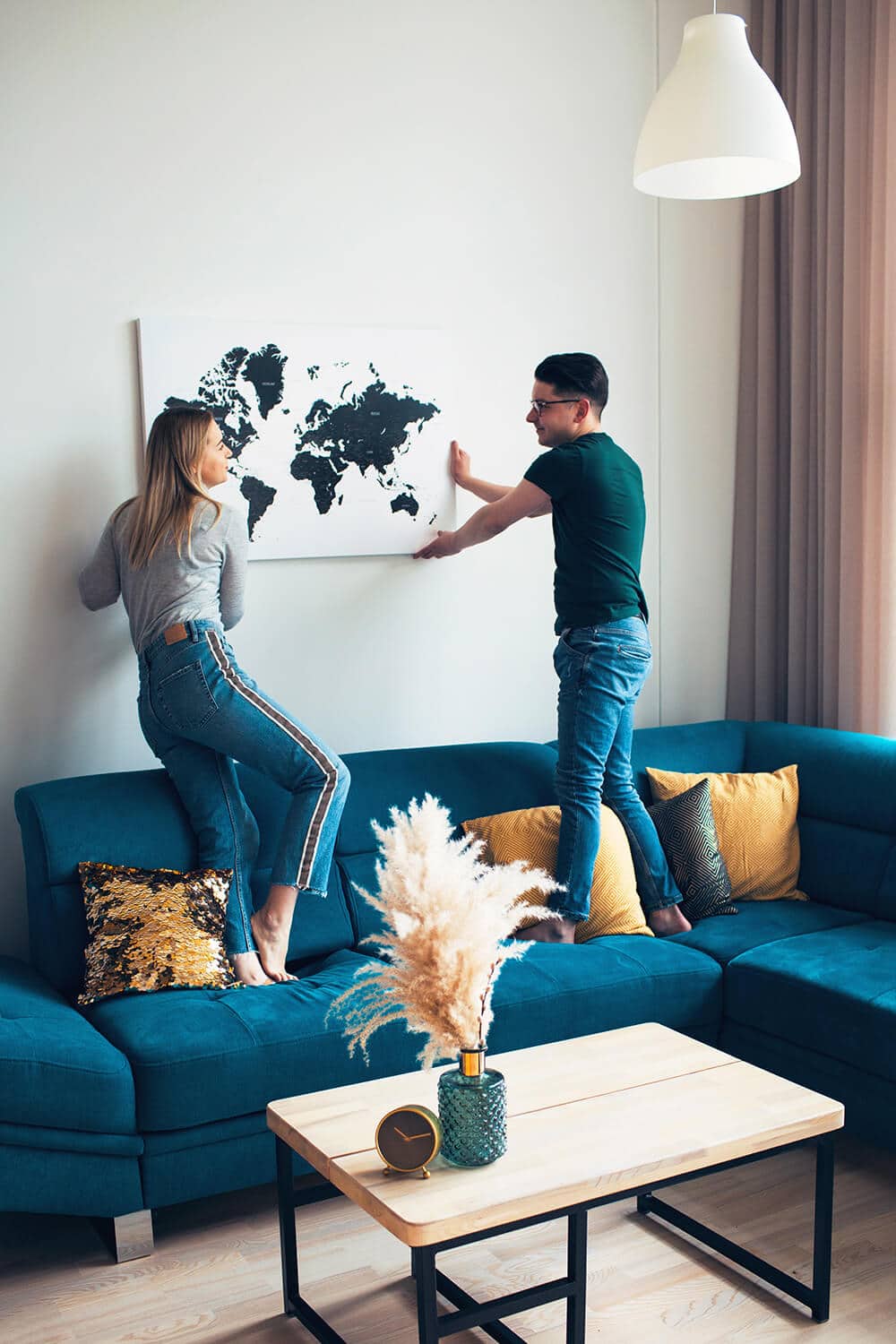 hanging on a wall travel map with pins