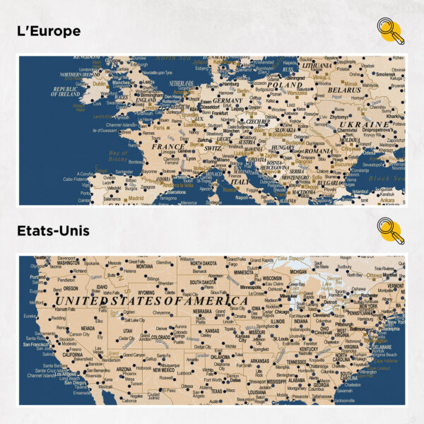 Carte du monde à épingles Bleu foncé Détaillé europe et états-unis