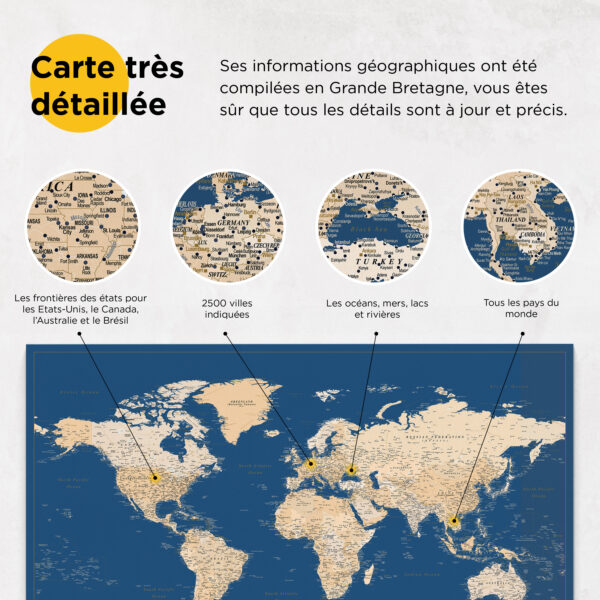 Carte du monde à épingles Bleu foncé Détaillé information