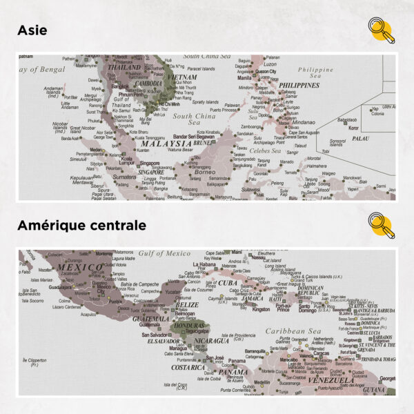 Carte du monde à épingles Vert Violet Détaillé asie et amérique centrale