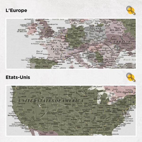 Carte du monde à épingles Vert Violet Détaillé europe et états-unis