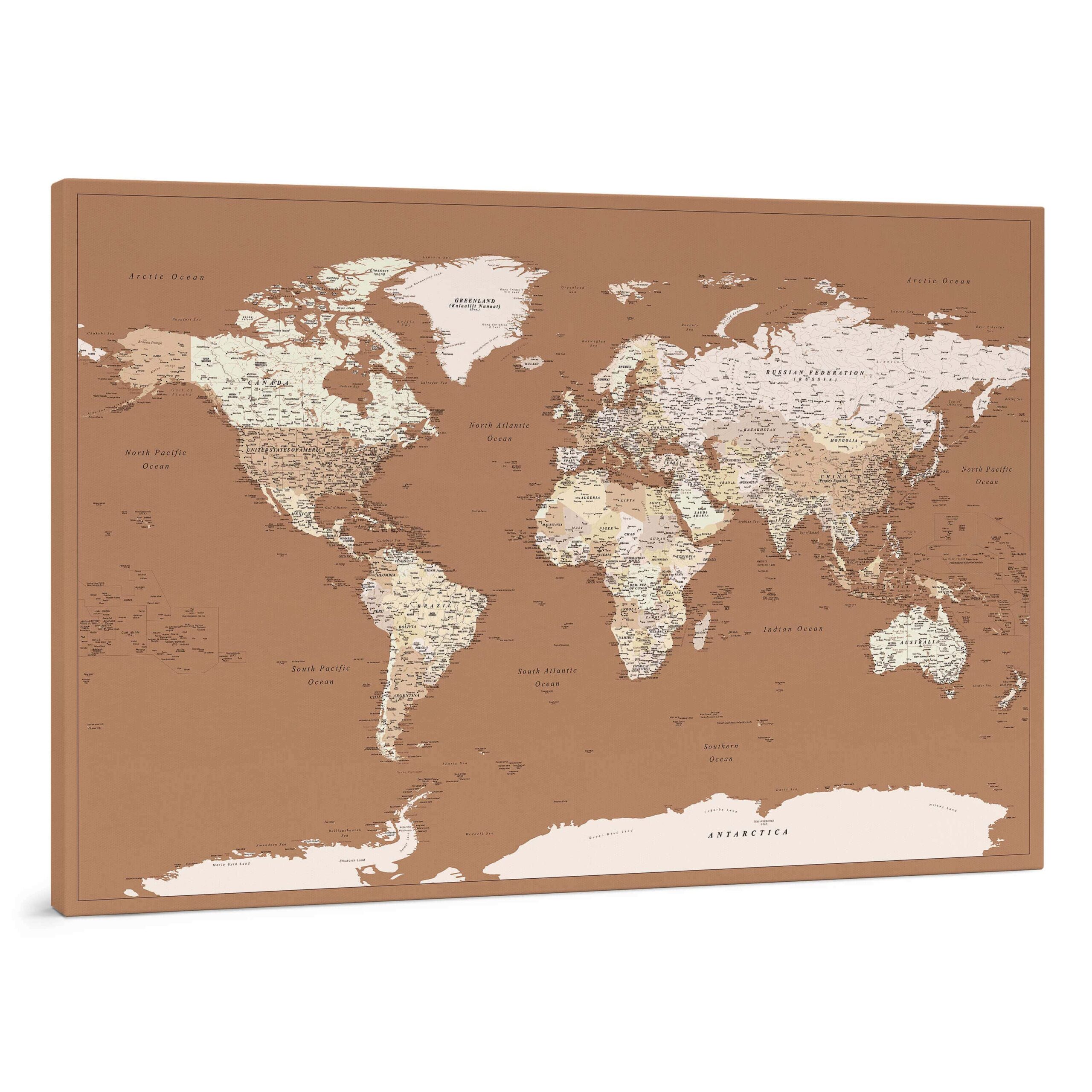 Carte du monde à épingles - Marron / beige (Détaillé) 