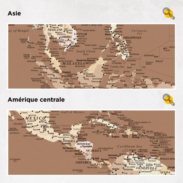 Carte du monde à épingles Marron beige Détaillé asie et amérique centrale