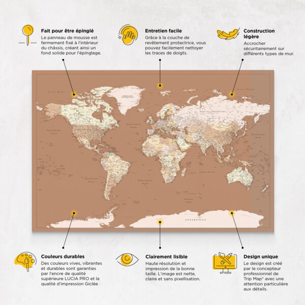 Carte du monde à épingles Marron beige Détaillé caractéristiques