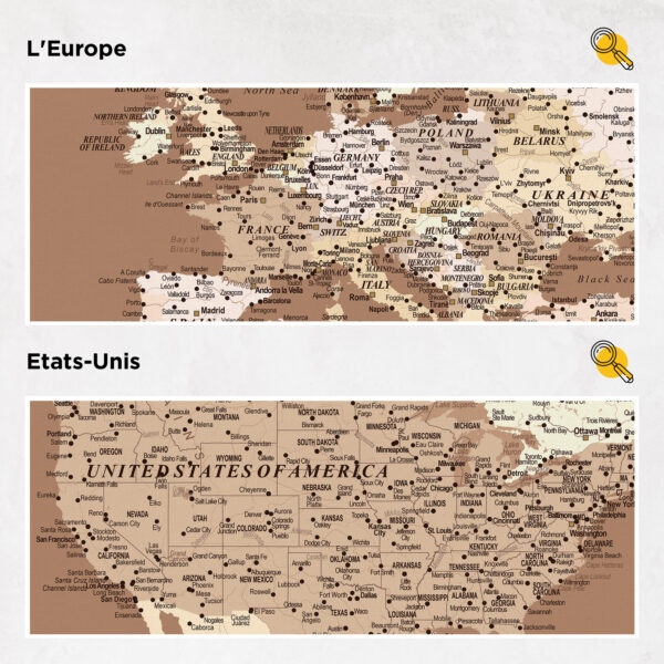 Carte du monde à épingles Marron beige Détaillé europe et états-unis