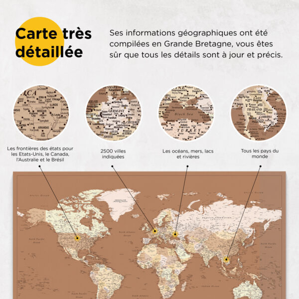 Carte du monde à épingles Marron beige Détaillé information