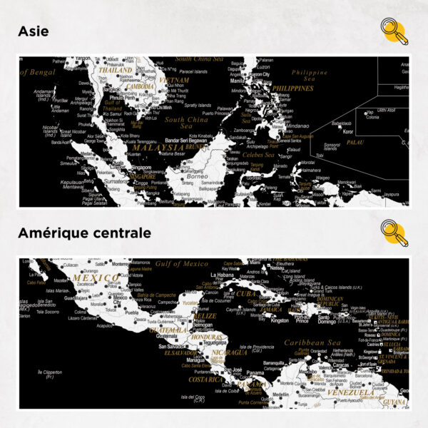 Carte du monde à épingles Noir moderne Détaillé asie et amérique centrale