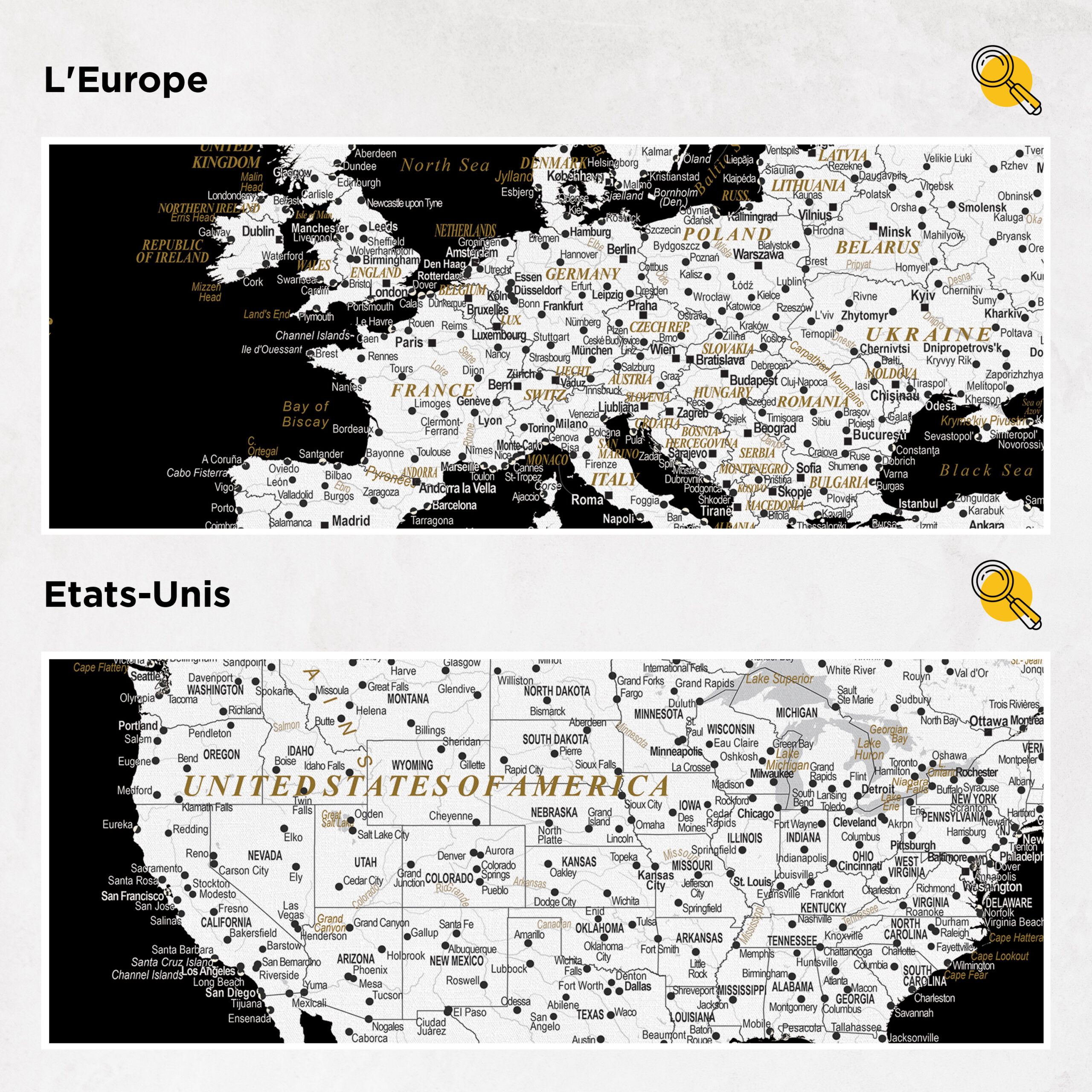 Carte du monde à épingles - Noir et blanc (Détaillé) 