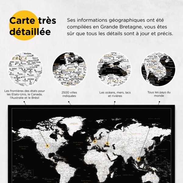Carte du monde à épingles Noir moderne Détaillé information