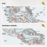 Carte du monde à épingles Rétro bleu clair Détaillé asie et amérique centrale