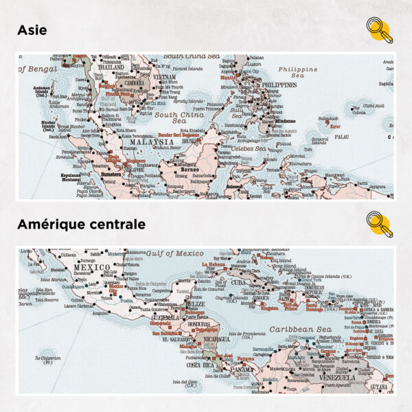 Carte du monde à épingles Rétro bleu clair Détaillé asie et amérique centrale