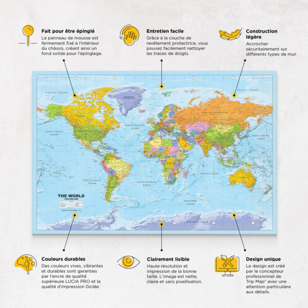 Carte du monde à épingles Politique Détaillé caractéristiques