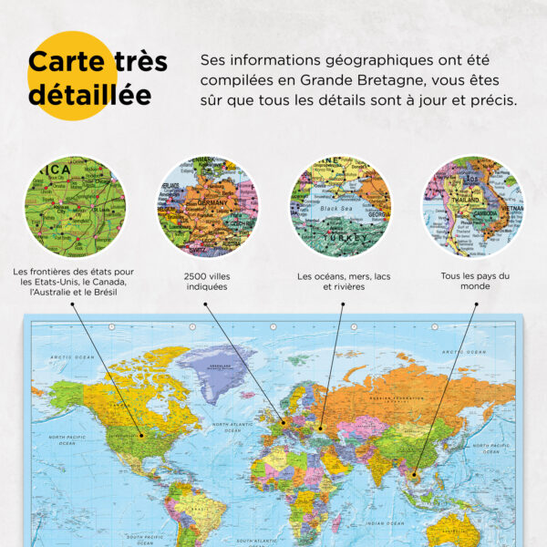 Carte du monde à épingles Politique Détaillé information