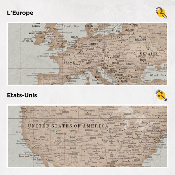 Carte du monde à épingles Vintage Ancien Détaillé europe et états-unis