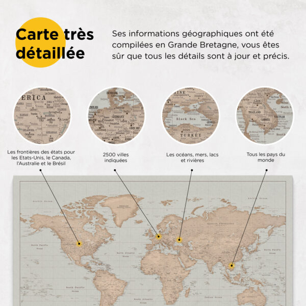 Carte du monde à épingles Vintage Ancien Détaillé information