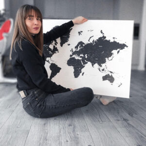 world map canvas black and white with pins