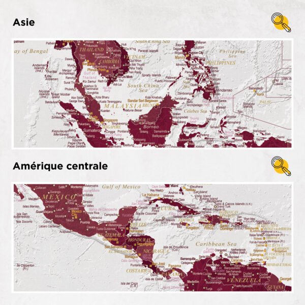 Carte du monde à épingles Bordeaux Détaillé asie et amérique centrale