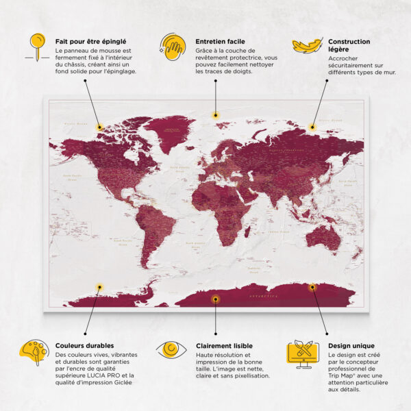Carte du monde à épingles Bordeaux Détaillé caractéristiques