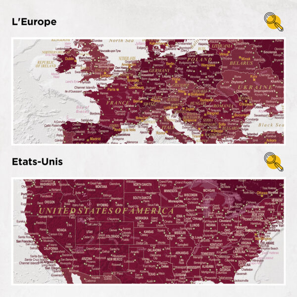 Carte du monde à épingles Bordeaux Détaillé europe et états-unis