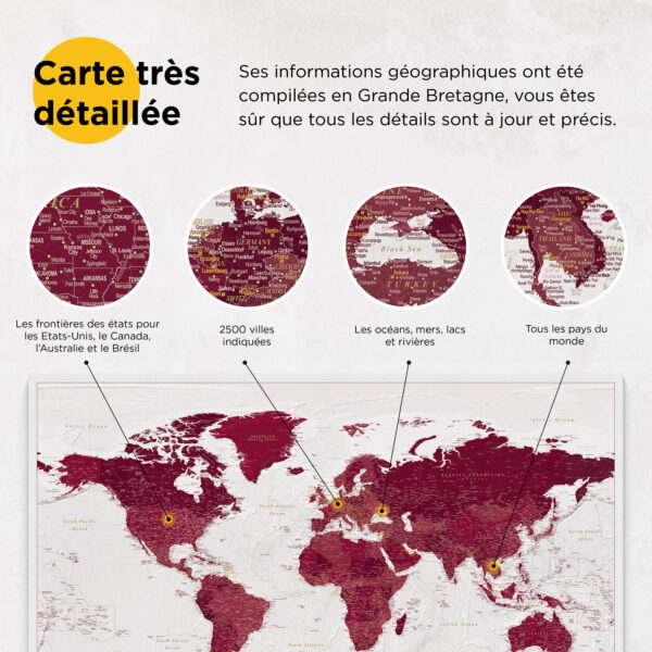 Carte du monde à épingles Bordeaux Détaillé information