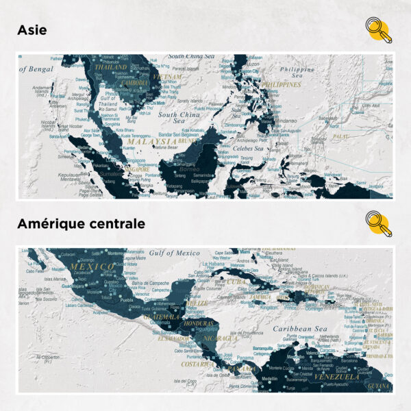 Carte du monde à épingles Océan bleu Détaillé asie et amérique centrale